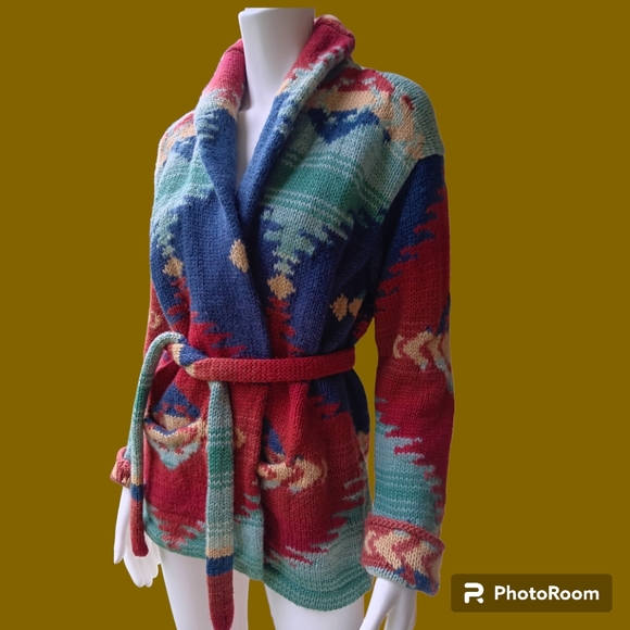 Ralph Lauren Sweaters - Handknit Vintage Ralph Lauren Southwest Sedona Wool Blanket Cardigan Sweater Sm